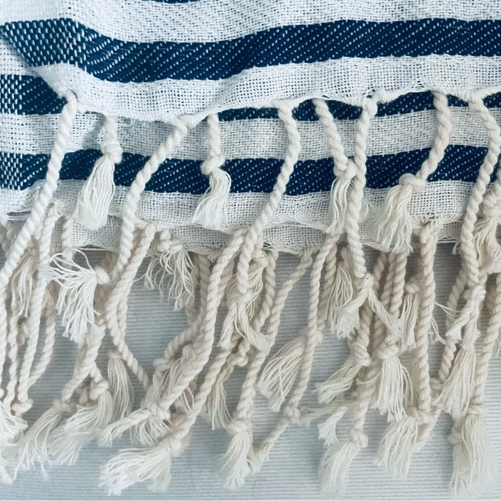 Gold Case Blue and White Stripe Turkish fringe Cotton Peshtamel Towel Wrap - Picture 7 of 16